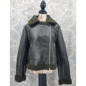 Vigoss Faux black leather shearing lined aviator moto  jacket women's Size M